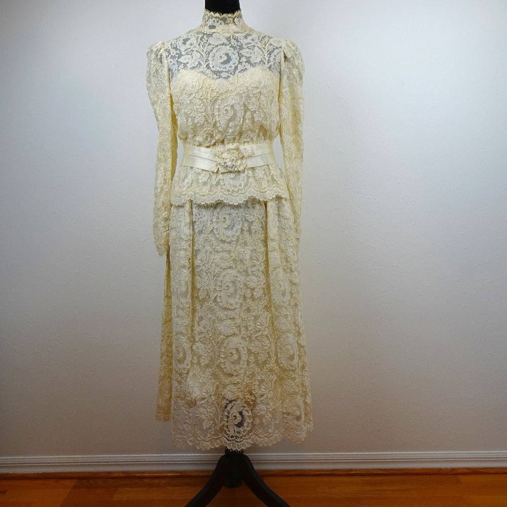 VTG 80s 90s Wedding Dress Ivory Lace Custom Made Size S with Jacket Victorian